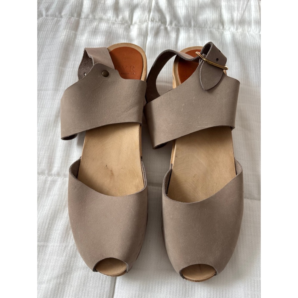 Bryr Miranda Peep Toe Heeled Clogs Taupe Leather Wooden Sandals Womens 38 Boho